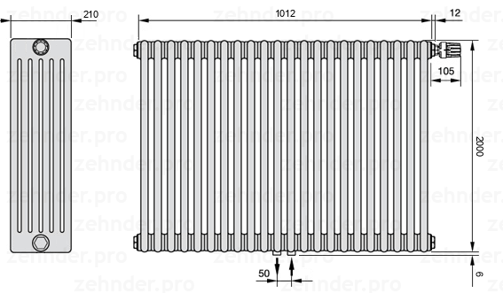 Схема (чертеж) Радиатор Zehnder Charleston 6200/22 №V008 Белый глянцевый RAL 9016